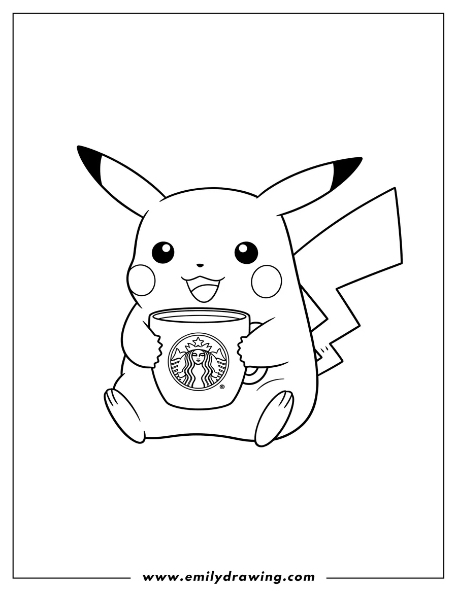 Downloadable coloring page of kawaii Pikachu sitting and smiling while hugging a Starbucks mug, preschoolers