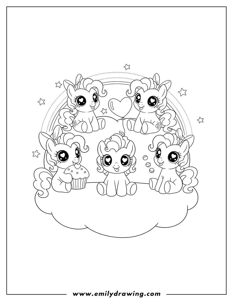 Doodle style coloring picture of kawaii Pinkie Pie Preschoolers, sitting, with heart eyes and tongue poking out