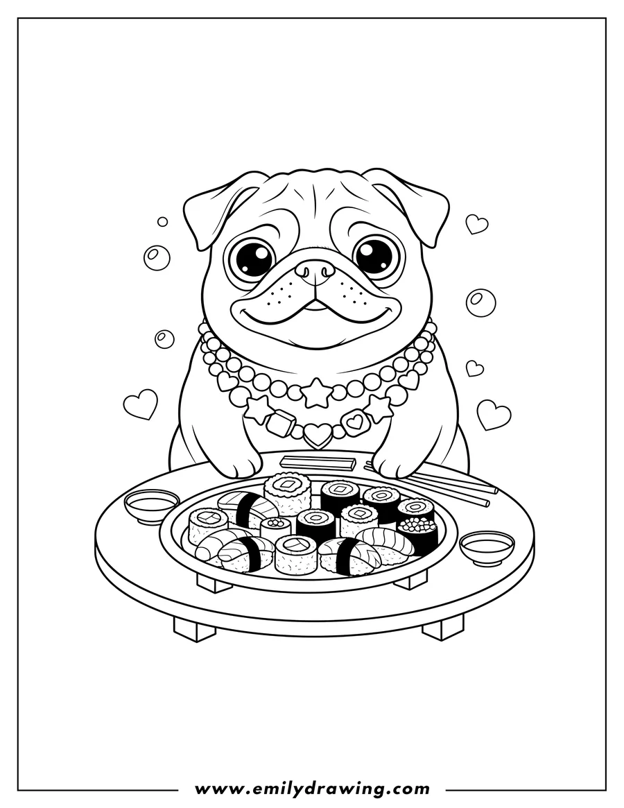 Free printable coloring sheet of kawaii Pug wearing a beaded necklace, sitting at a table with a sushi platter