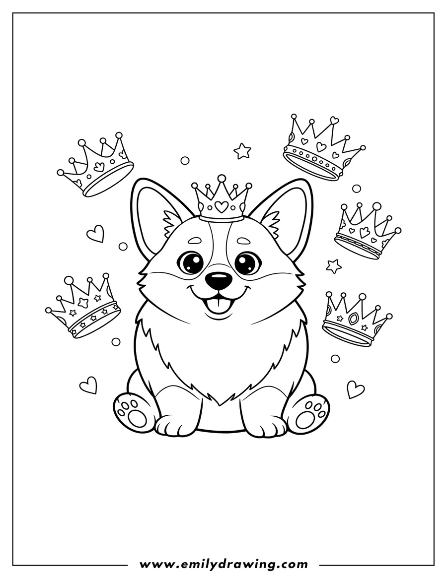 Free printable coloring sheet of kawaii Queen S Corgi sitting with crowns floating around