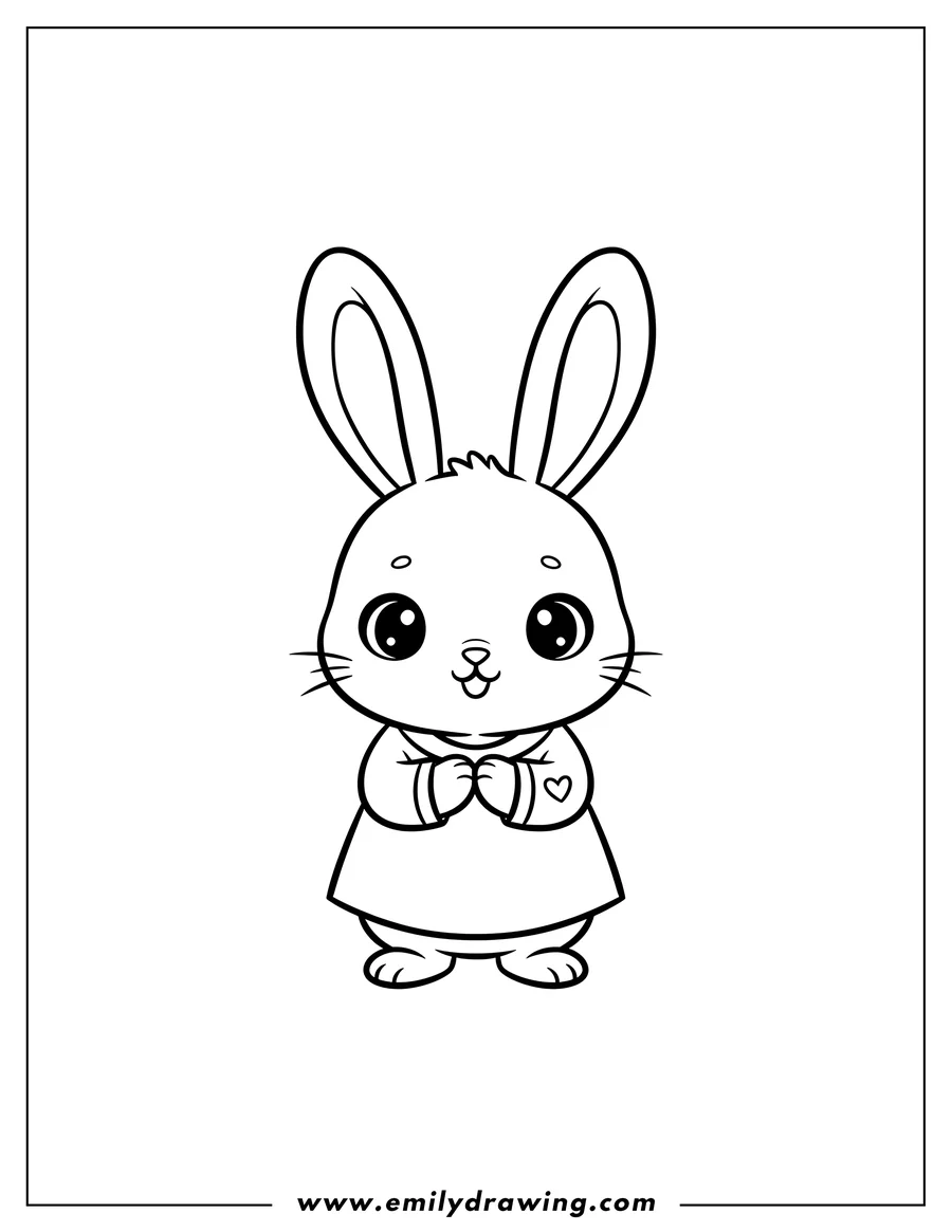 Clean line drawing: kawaii rabbit standing with paws together and a small heart on its sleeve