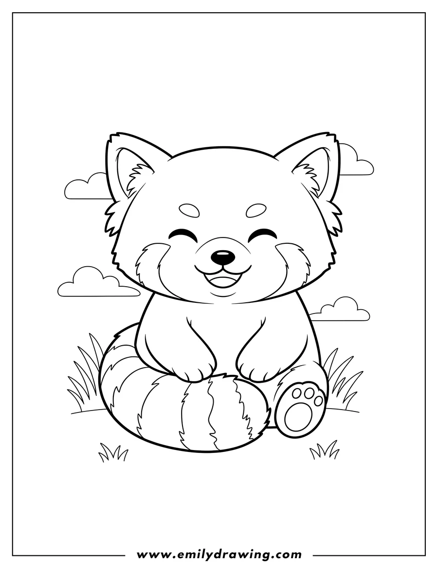 Outline drawing of kawaii Red Panda sitting and smiling