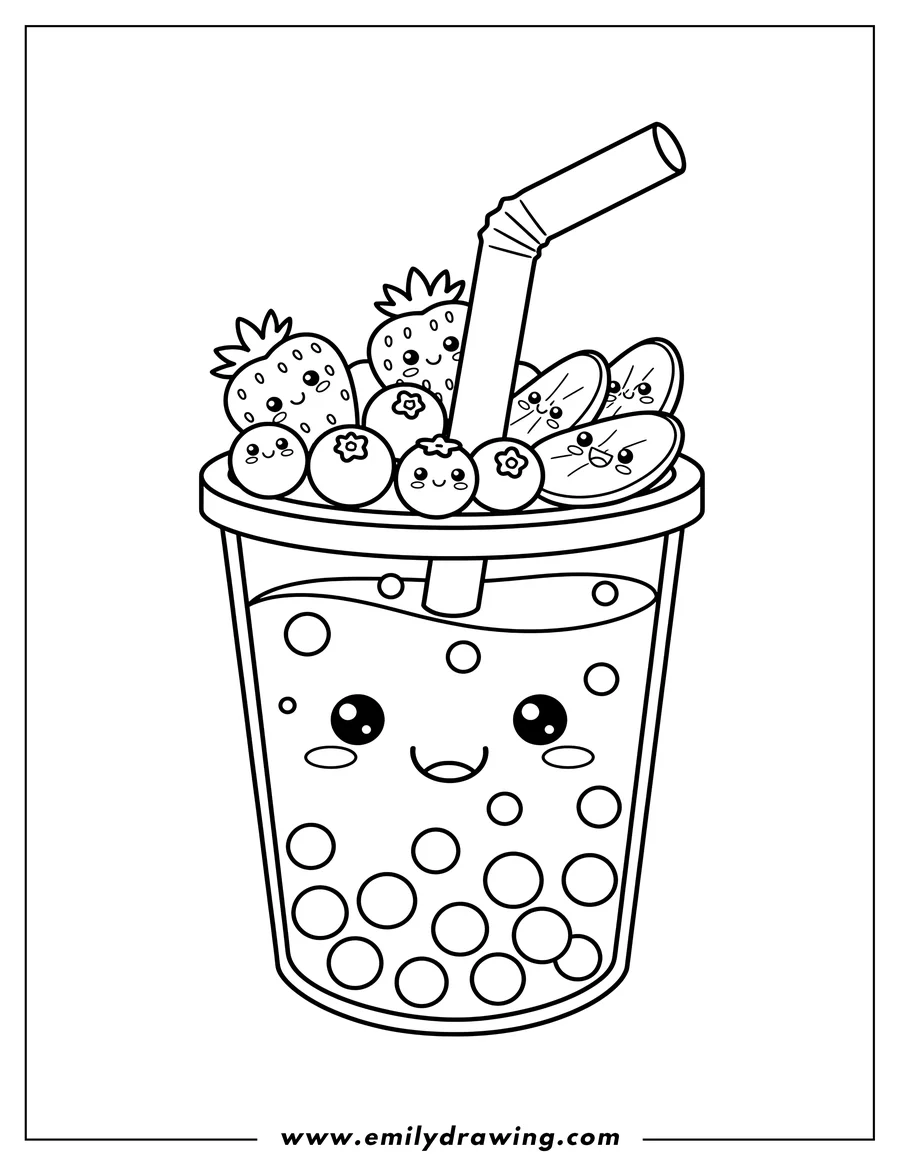 Downloadable coloring page of kawaii simple boba tea with a straw, fruits on top, and tapioca pearls, preschoolers