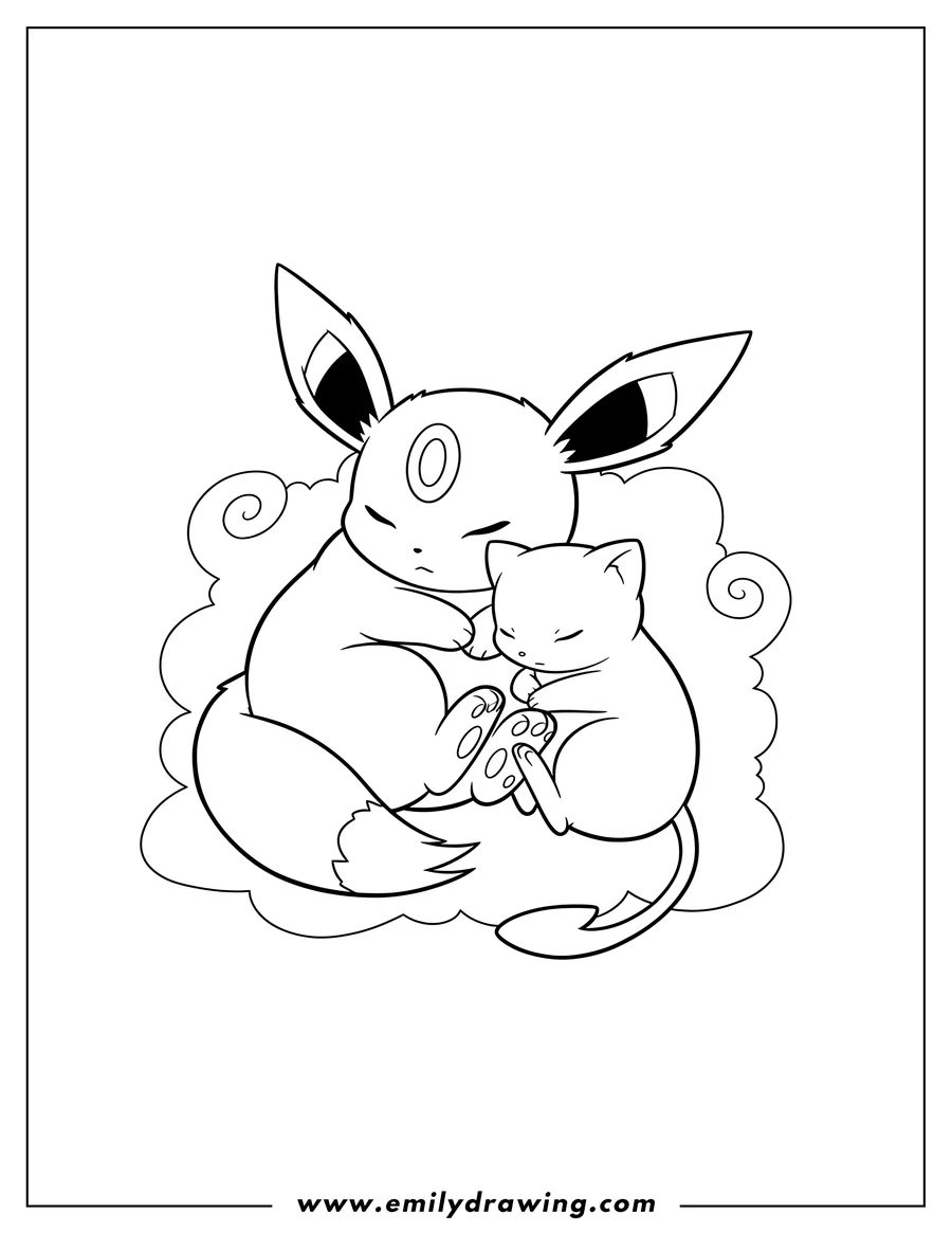 Free printable coloring sheet of kawaii Umbreon cuddling a peaceful Mew