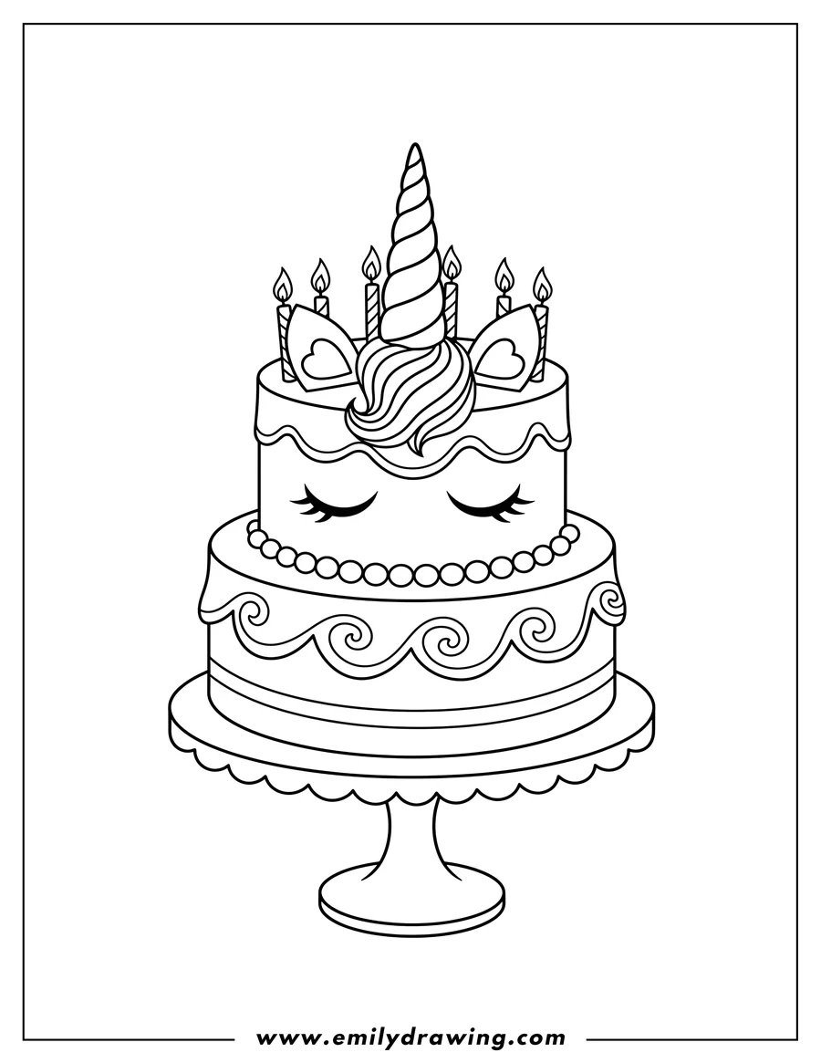 Printable coloring page of kawaii Unicorn Cake With Candles, with eyelashes, frosting swirls, and on a cake stand