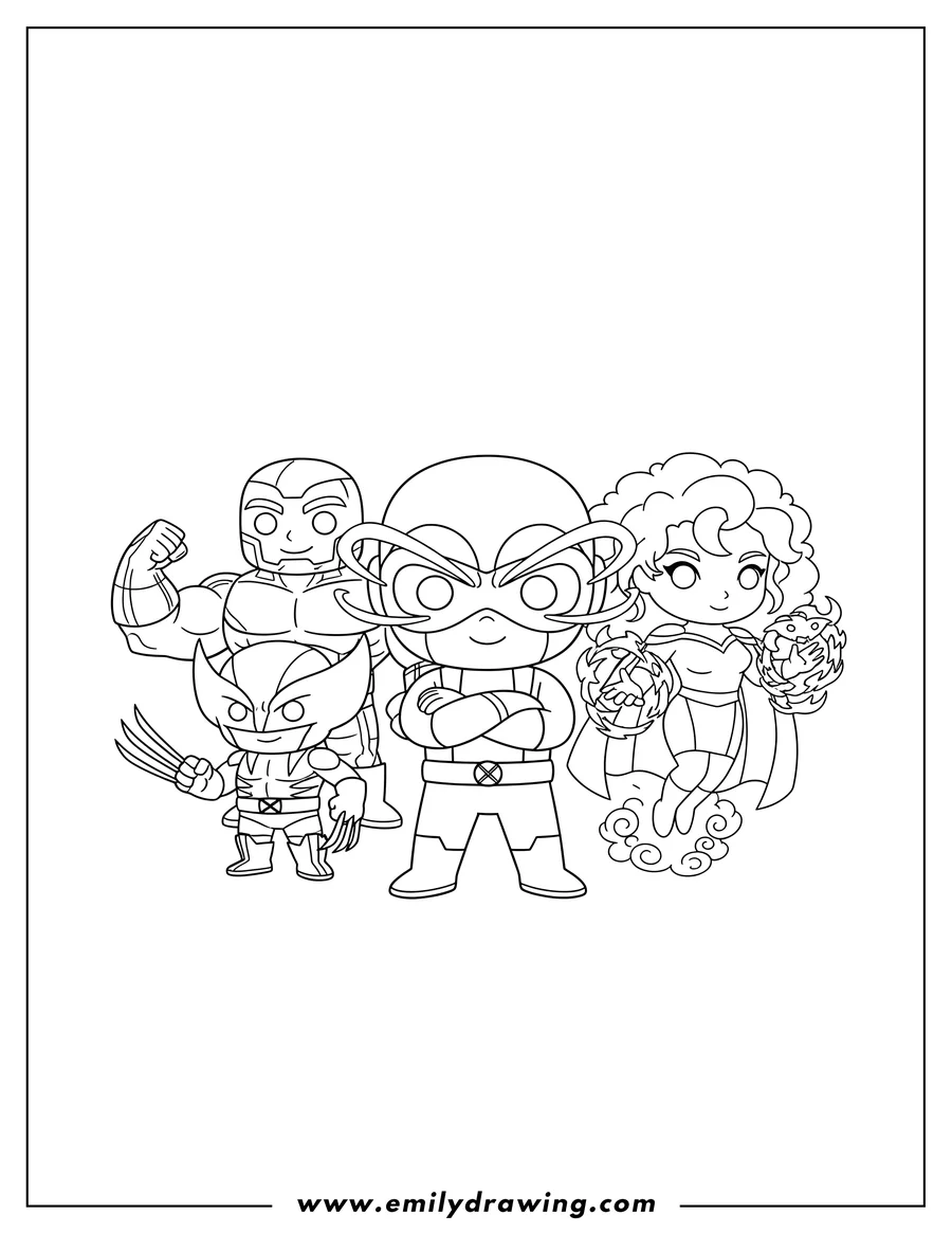 Coloring sheet featuring kawaii X Men group pose featuring Cyclops, Colossus, Wolverine with extended claws, Storm, and Phoenix