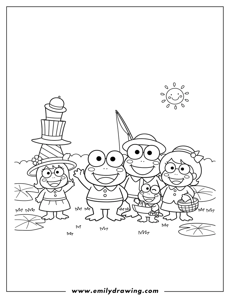 Doodle style coloring picture of keroppi And Family Having Fun, standing together and smiling, with one character wearing stacked hats