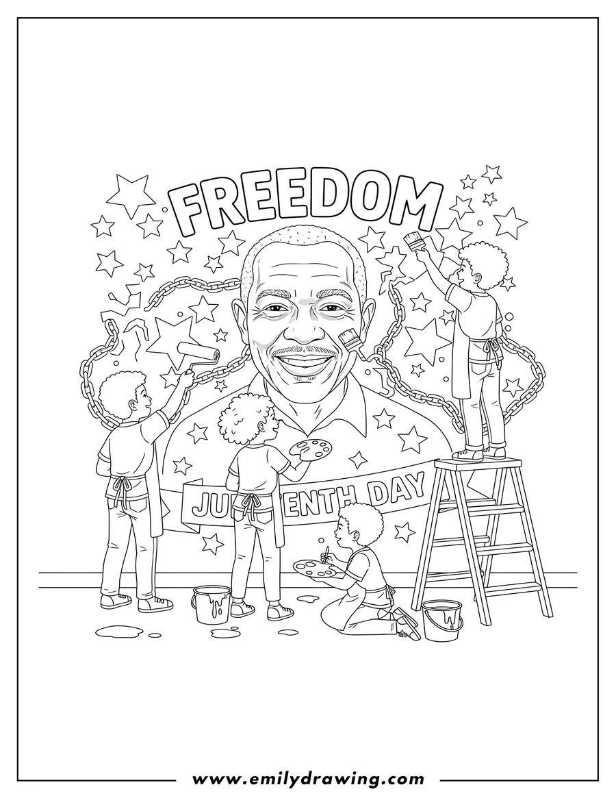 Coloring page for kids: kids painting a Juneteenth mural featuring a man's portrait and stars