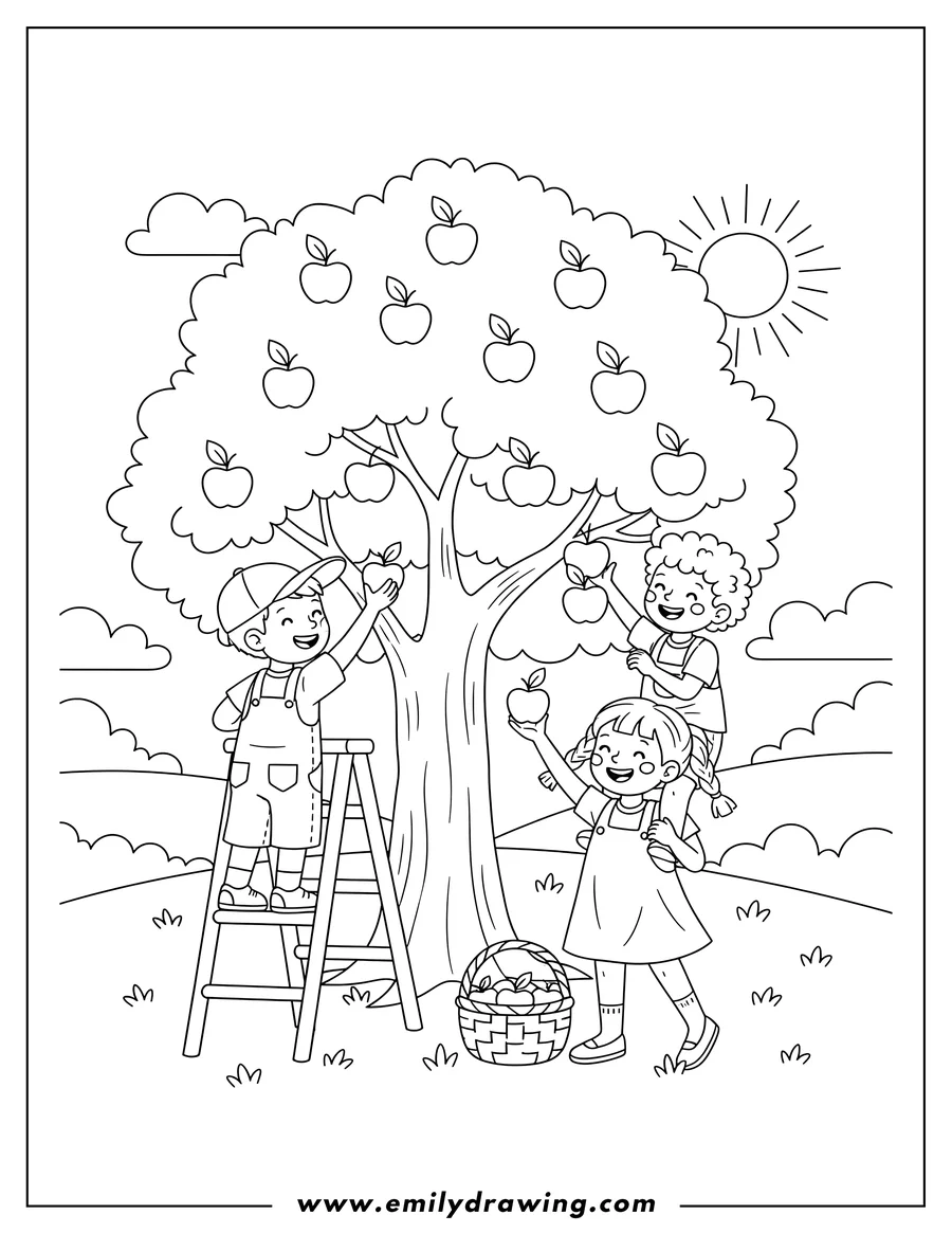 Doodle style coloring picture of three children picking apples from an apple tree, one on a ladder and another reaching up