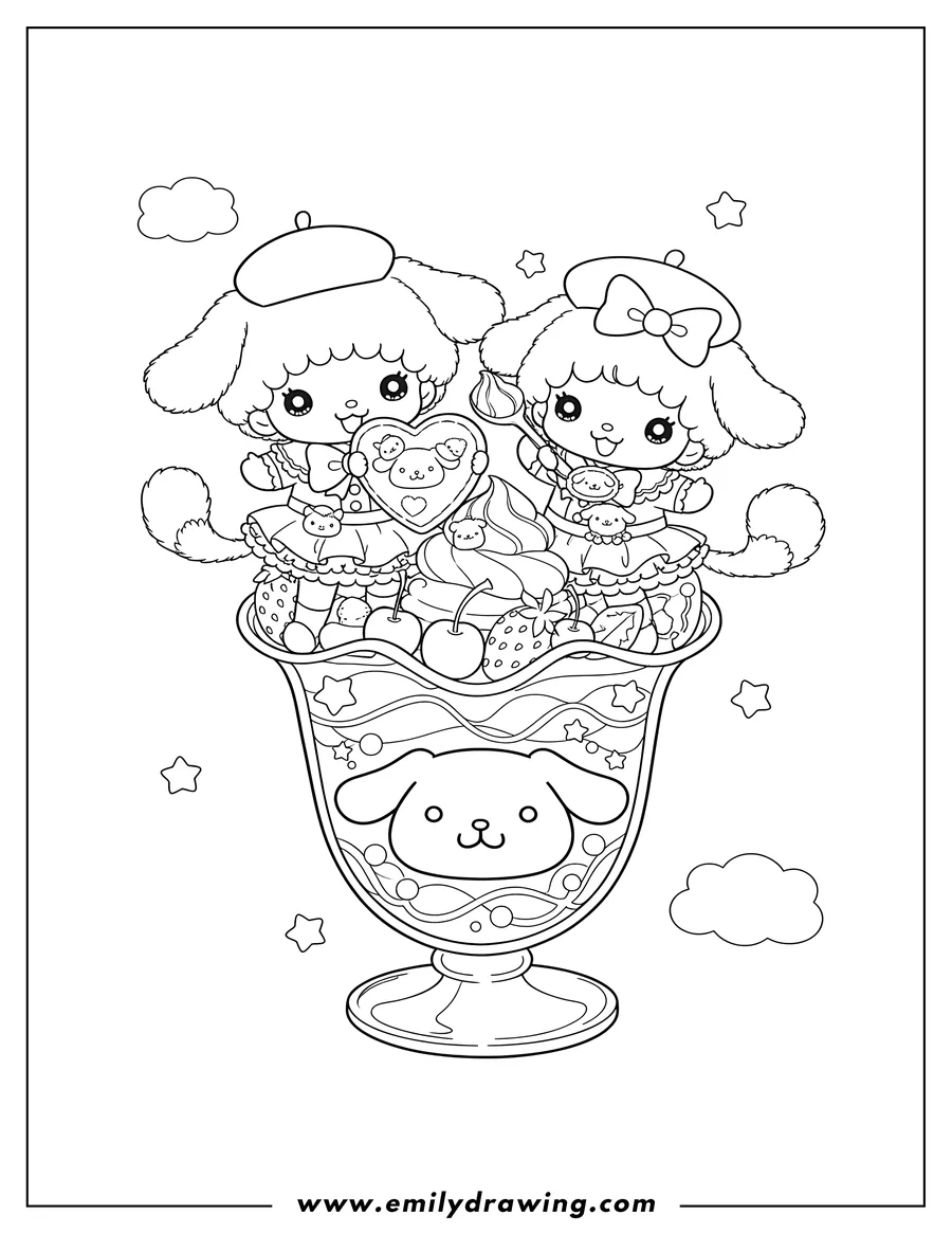 Clean line drawing: kiki And Lala As Pompompurin in a large dessert cup