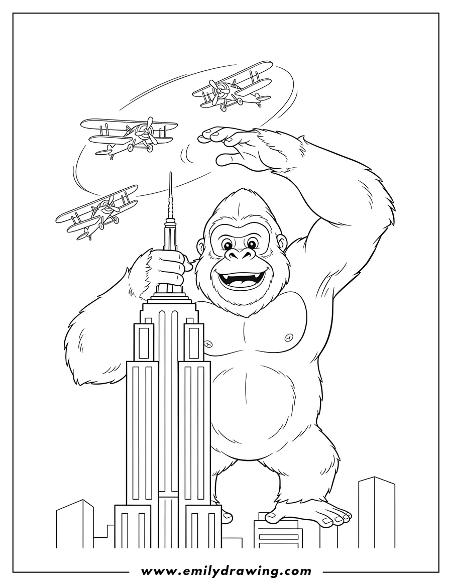 Black and white line art of king Kong holding the Empire State Building spire and swatting biplanes