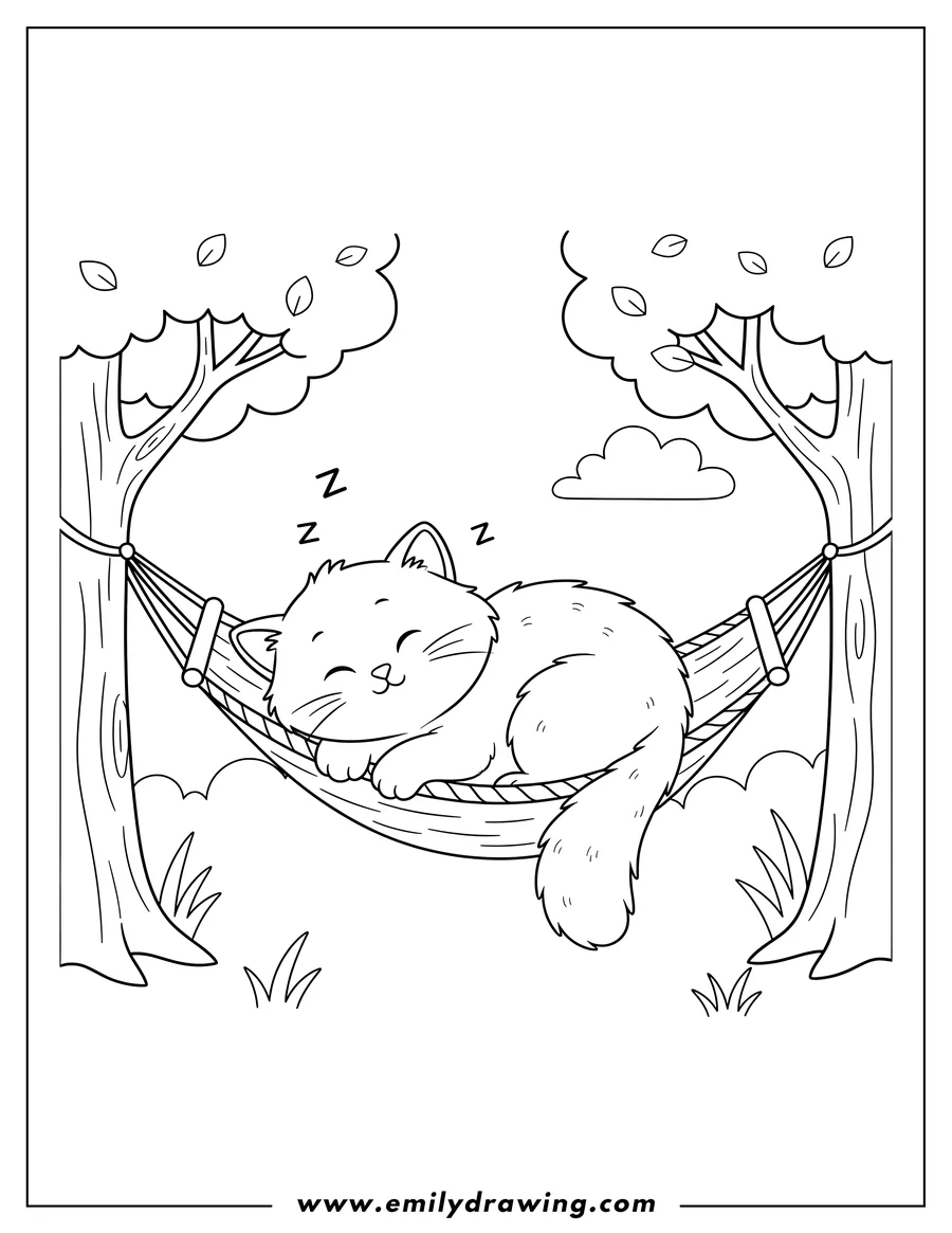 Printable line art of sleeping Kitten On Hammock Between Trees