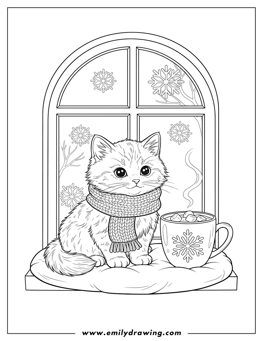 Vector style outline of cute kitten wearing a knitted scarf, sitting by a window with a snowflake mug of hot chocolate