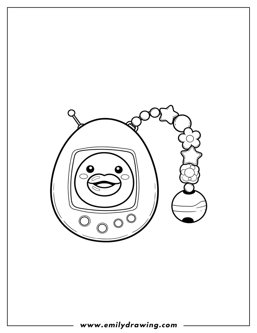 Free printable coloring sheet of A coloring page of a Kuchipatchi Tamagotchi console with a beaded keychain