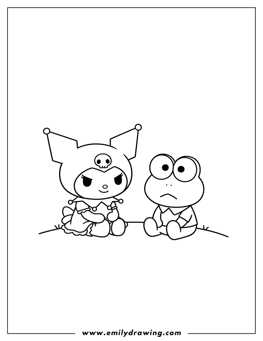 Coloring sheet featuring kuromi and a worried Keroppi sitting together