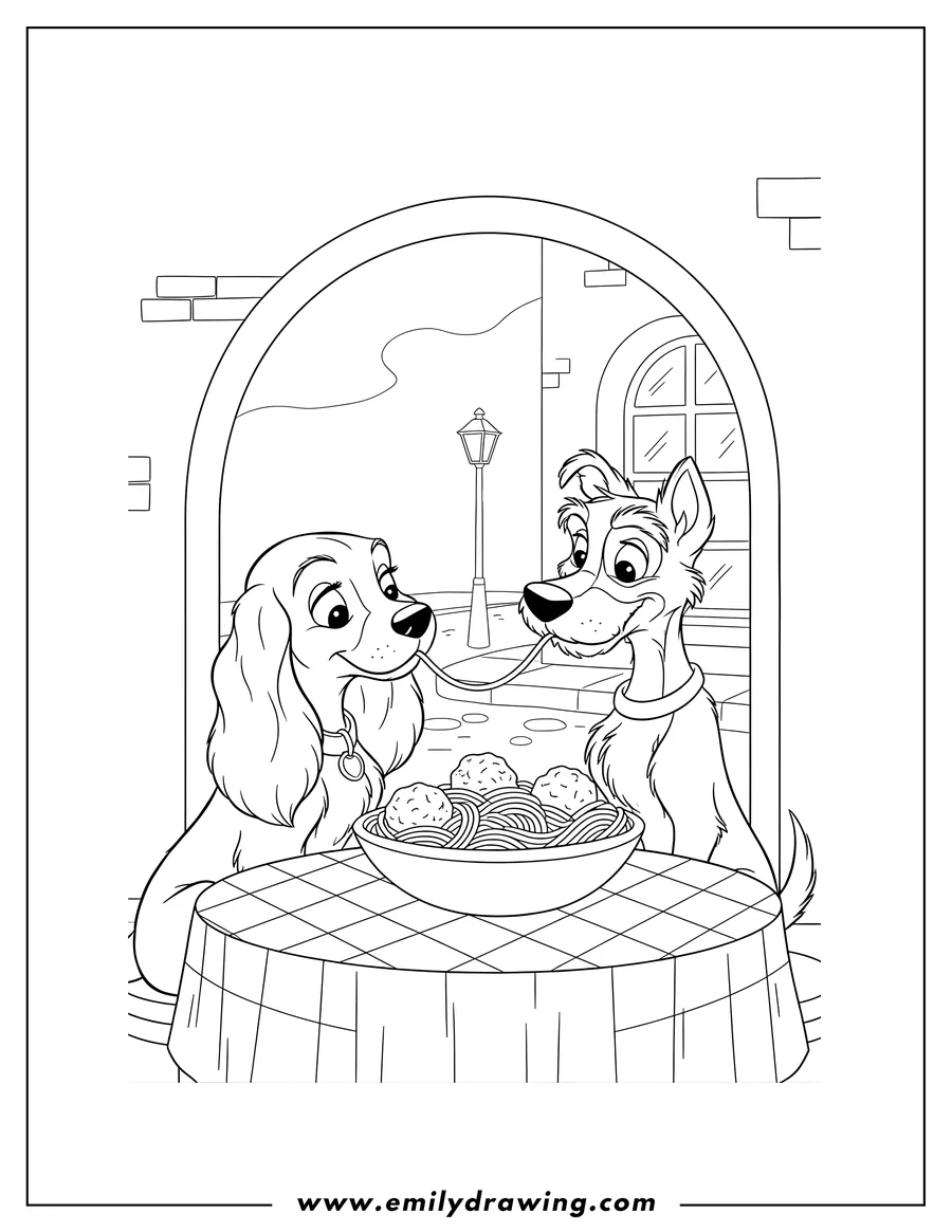 Clean line drawing: lady And Tramp Disney sharing spaghetti