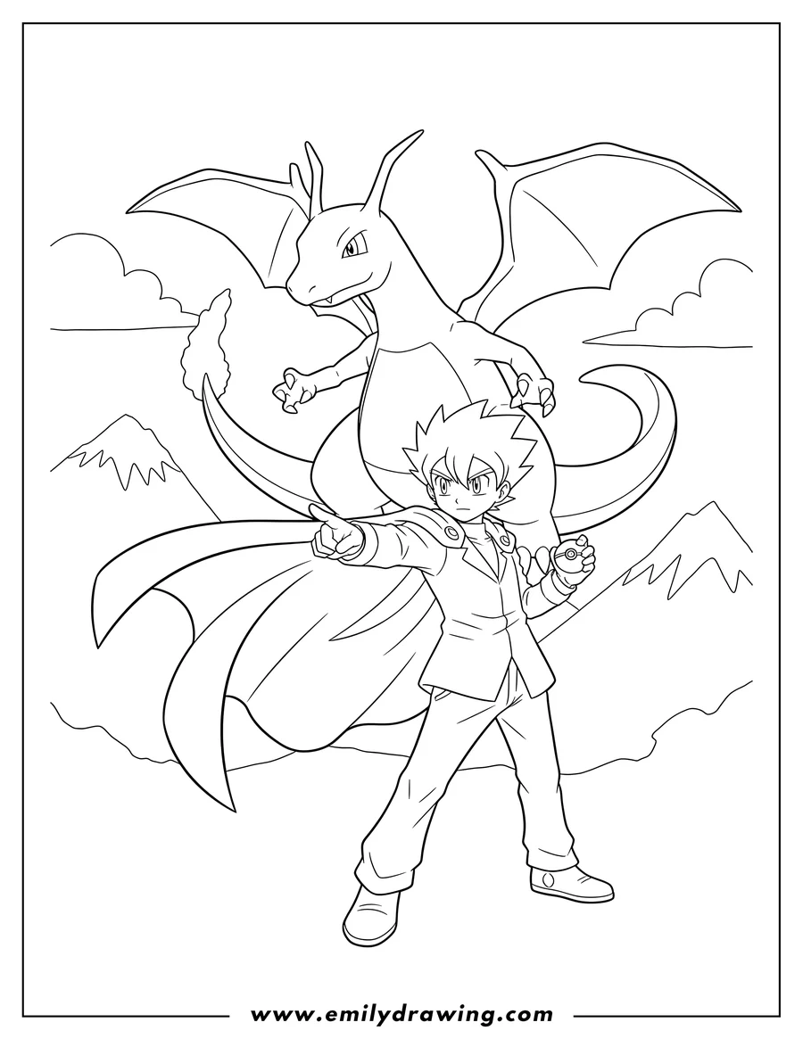 Printable coloring page of lance with his flowing cape and Dragonite with spread wings, ready to battle
