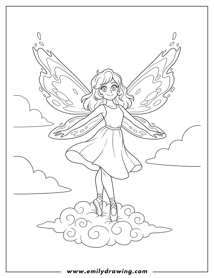 Vector style outline of lapis Lazuli With Water Wings, standing on clouds, wearing ballet flats