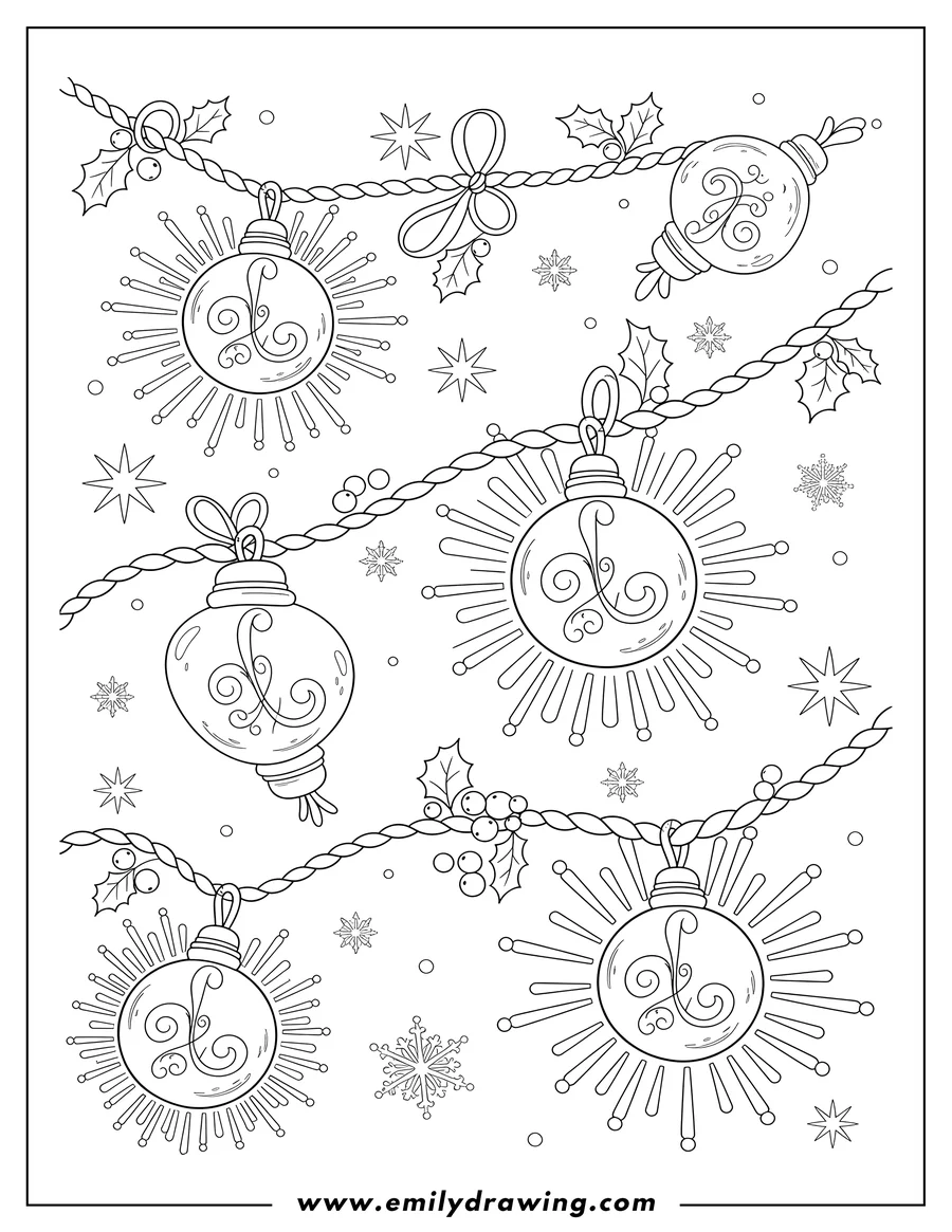 Coloring page of large Detailed Christmas string lights with starbursts To Color Scaled