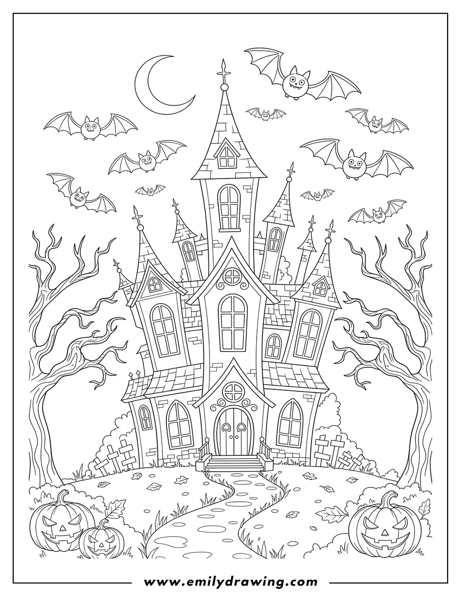 Downloadable coloring page of large Haunted Mansion During Halloween To Color Scaled with flying bats and spooky trees