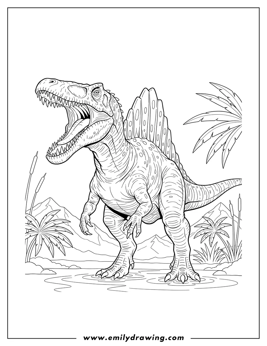 Printable coloring page of large Spinosaurus with detailed spine and sharp teeth, roaring with its mouth open