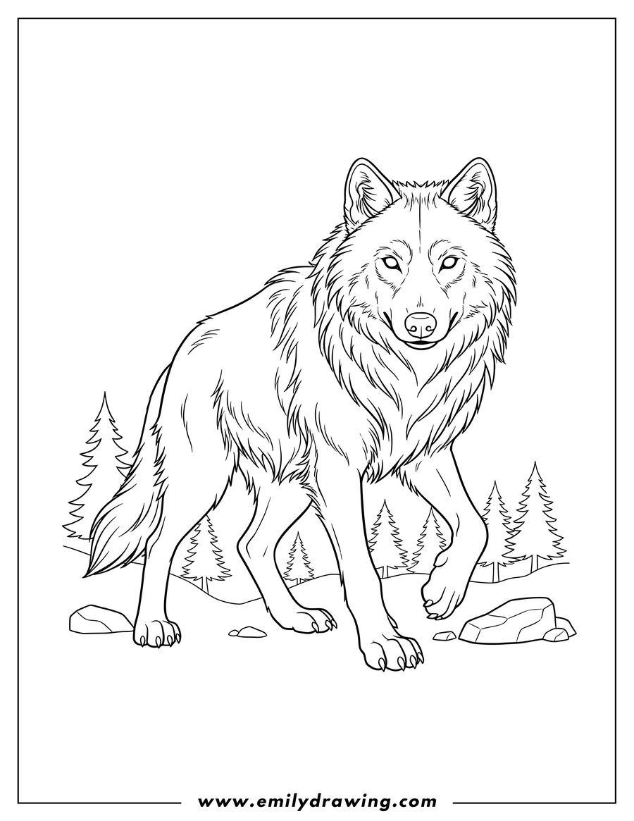 Doodle style coloring picture of large Wolf in hunting mode, standing and looking forward