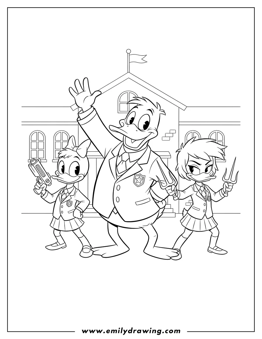 Clean line drawing: launchpad Mcquack waving, Lena Sabrewing with sai, and Webby Vanderquack with a blaster, all in school uniforms