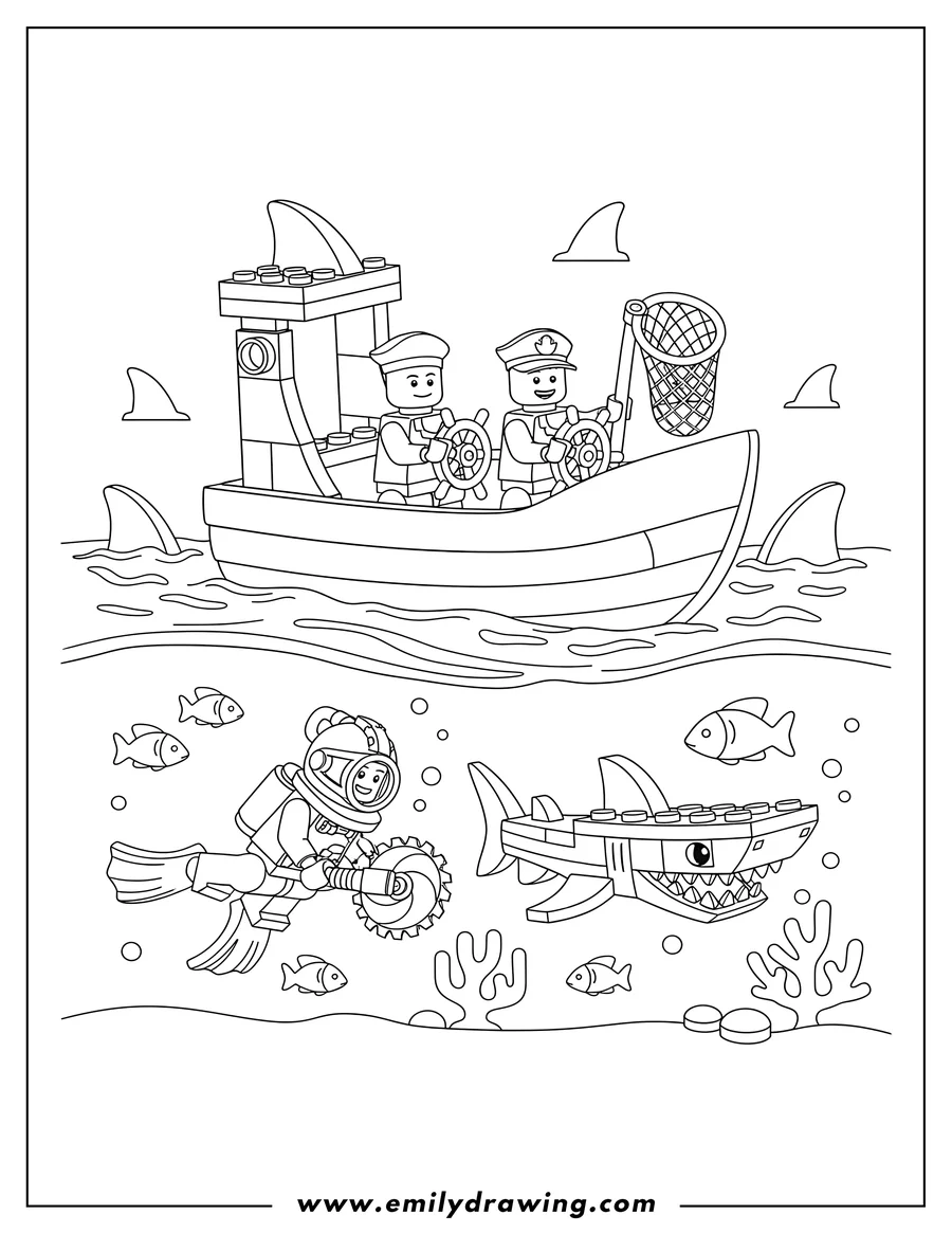 High quality printable lego Boat with two figures, surrounded by shark fins, and an underwater diver with a sawshark for coloring