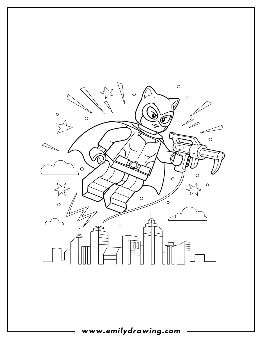 Coloring page for kids: lego Catwoman flying with a grapple gun, fighting crime To Color
