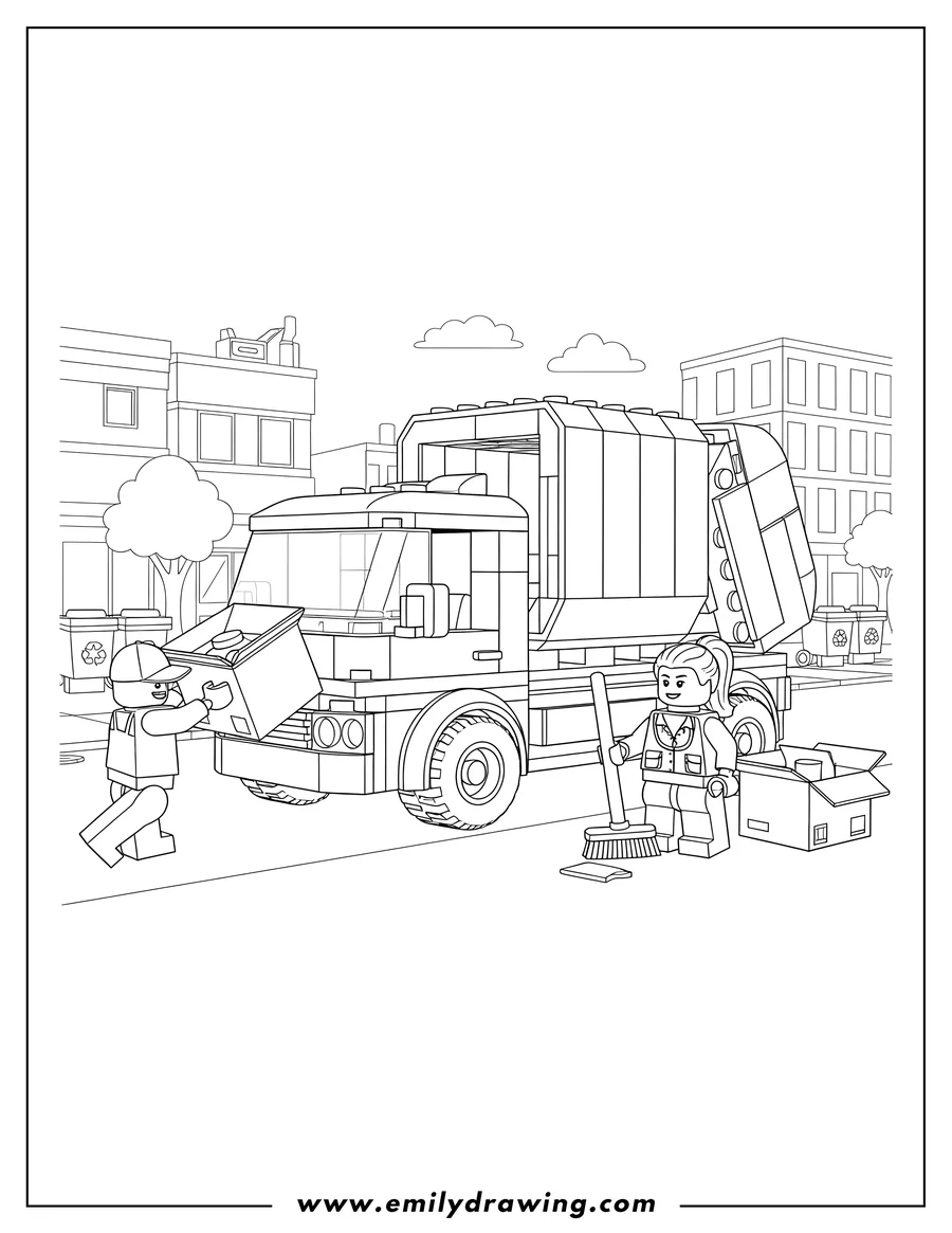 Printable line art of lego City Recycling Truck with two minifigure workers collecting recycling