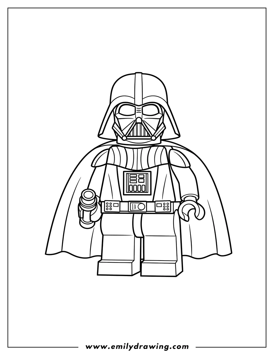 Outline drawing of lego Darth Vader standing with cape