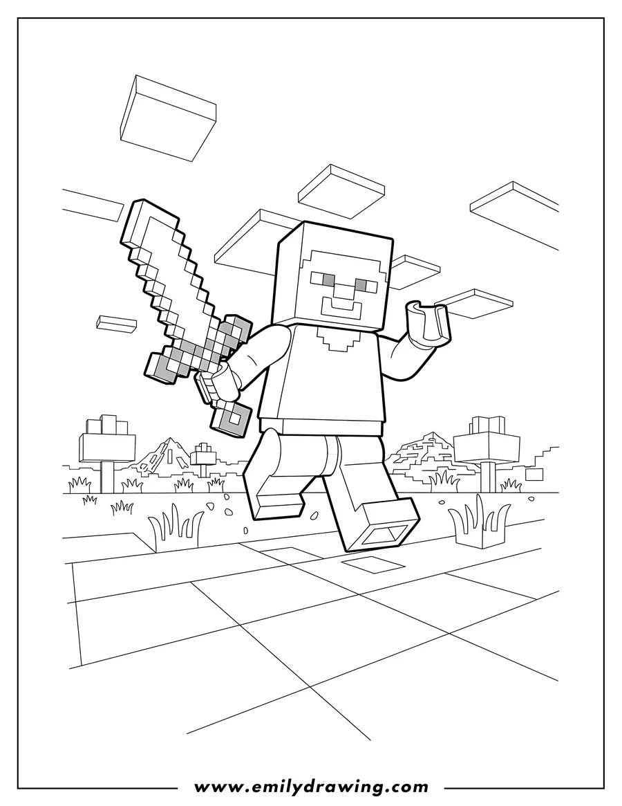 Coloring sheet featuring lego Minecraft Steve running with a sword