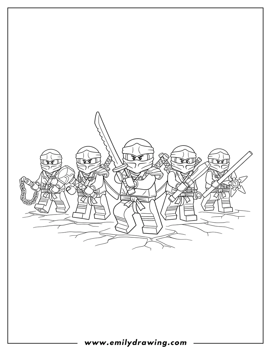 Full page coloring image of lego Ninjago ninjas standing in a line, with one holding a sword, ready to fight