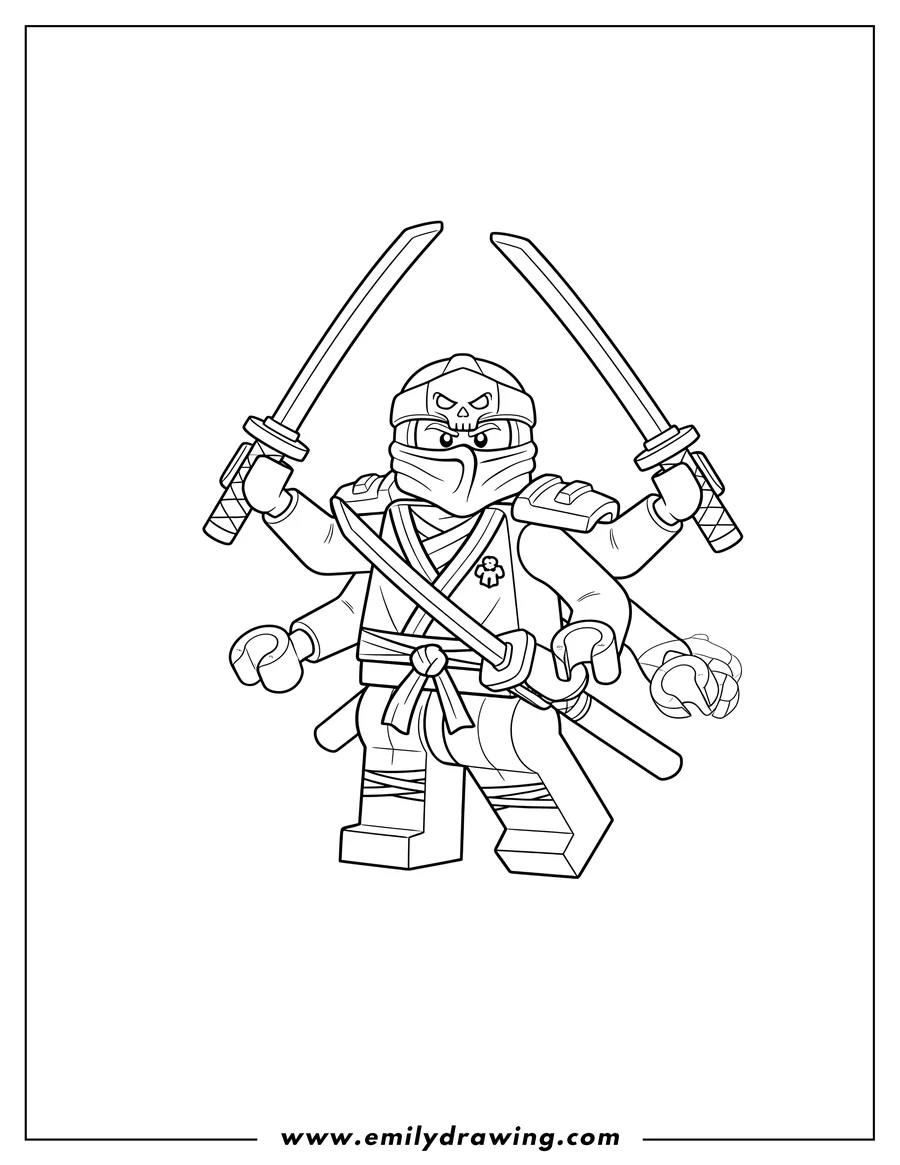 Coloring page of LEGO-style Lord Sensei Garmadon holding two swords