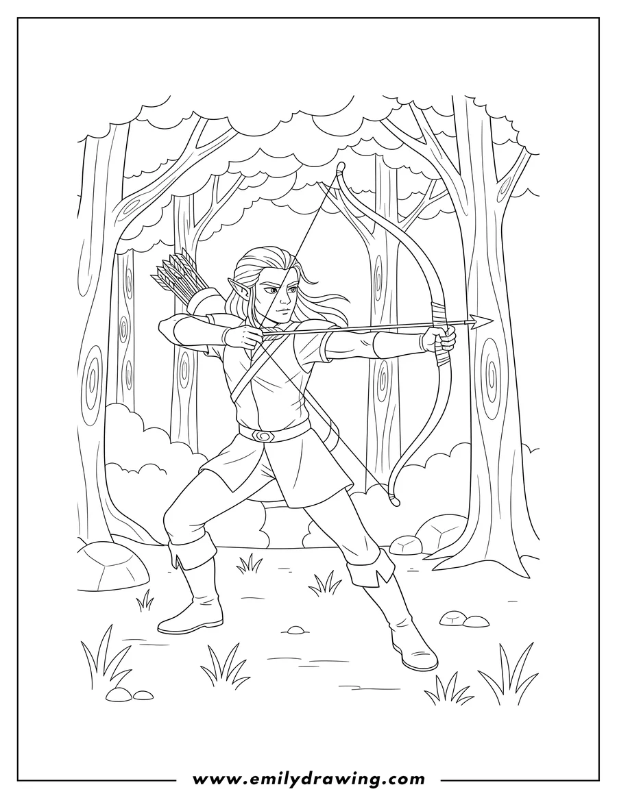 Printable coloring page of legolas in a forest, preparing to shoot his bow and arrow, with a quiver on his back