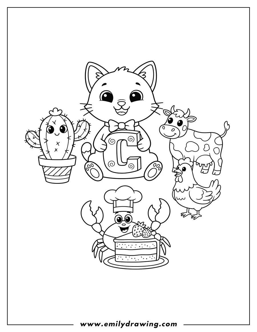 Free to print drawing of letter C, cat, potted cactus, chicken, cow, cartoon crab, and slice of strawberry cake coloring page for preschoolers
