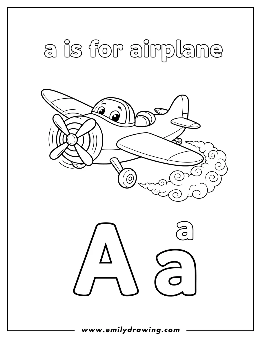 Vector style outline of letter Is Airplane Preschoolers, showing uppercase and lowercase A, a cartoon airplane, and the text 'a is for airplane'