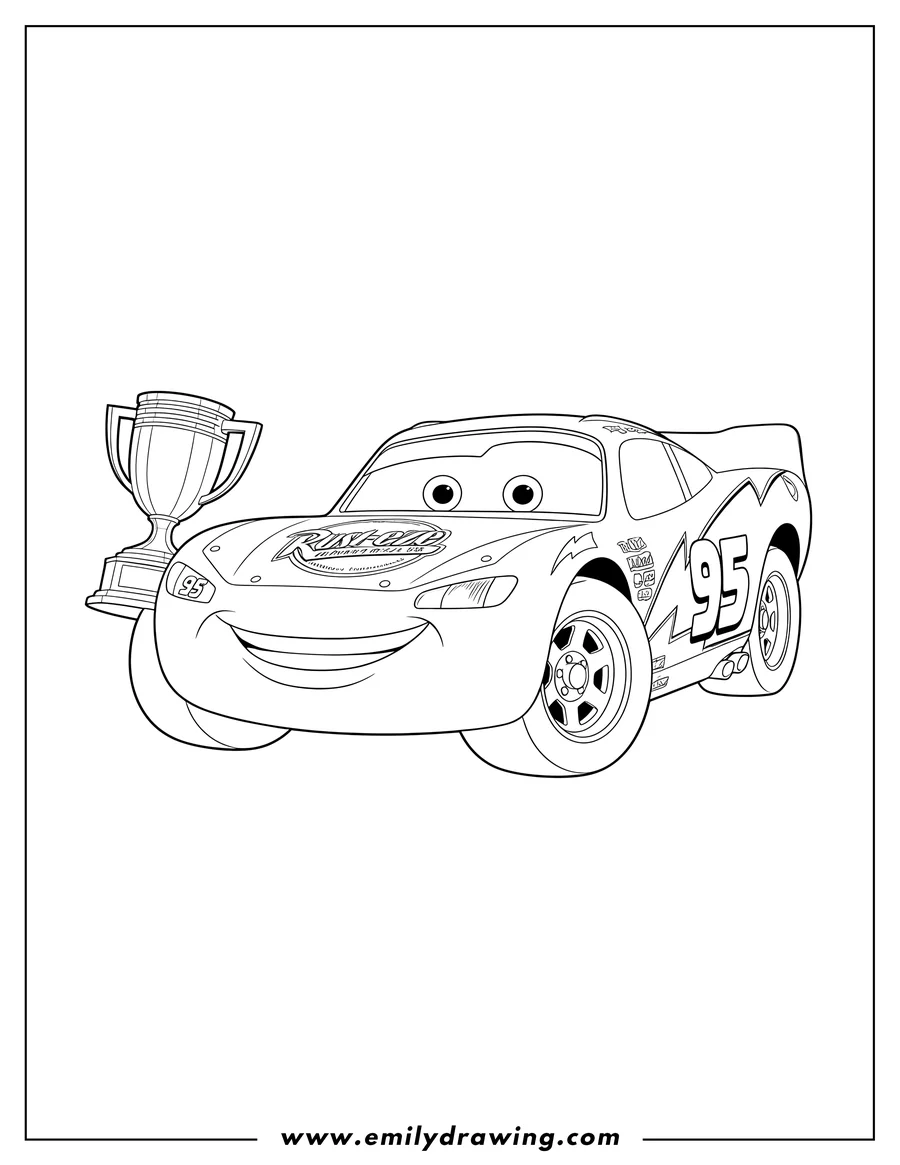 Coloring sheet featuring lightning McQueen holding the Piston Cup trophy, looking forward cheerfully