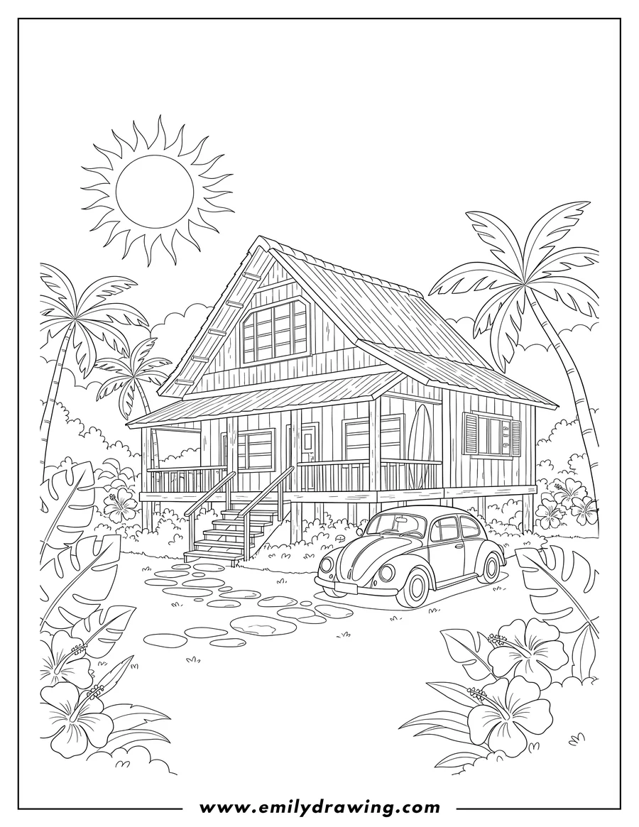 Coloring page of lilo's house, a tropical home with a car parked underneath