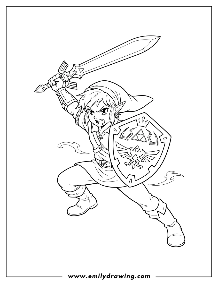 Coloring sheet featuring link Holding Sword And Shield Scaled, lunging forward with a raised sword and determined expression