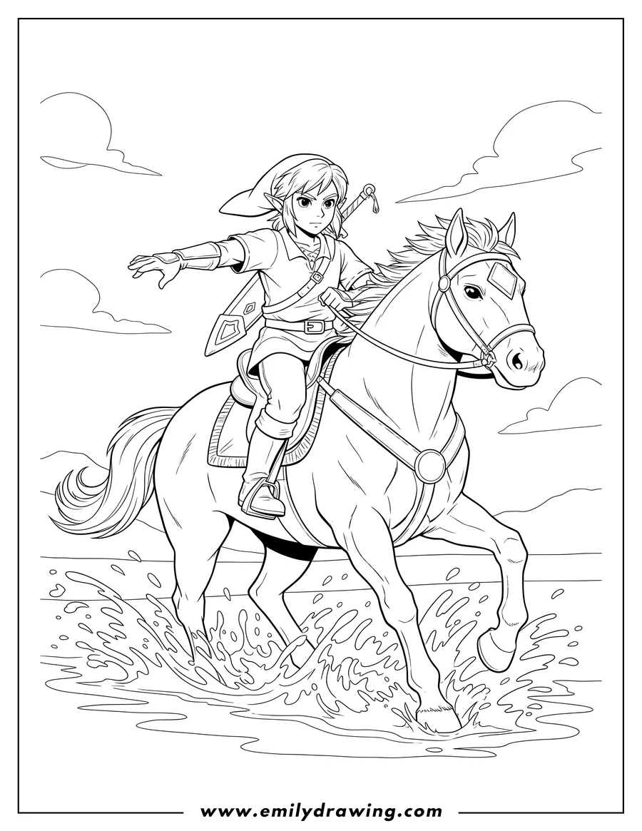 Free printable coloring sheet of link Riding Horse Epona galloping with outstretched arm, water splashing