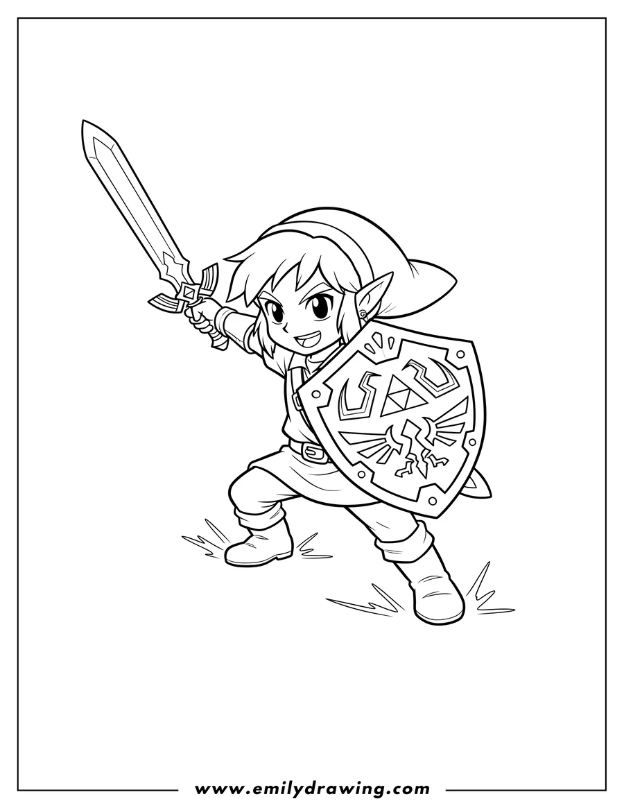 Printable line art of link Holding Shield And Sword Scaled, in a Toon Link style, striking a dynamic action pose with the Hylian Shield and Master Sword