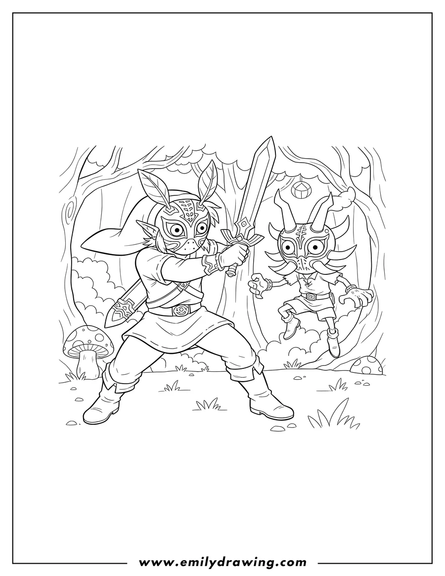 Downloadable coloring page of link with sword and Deku Mask battling Skull Kid and Majora's Mask