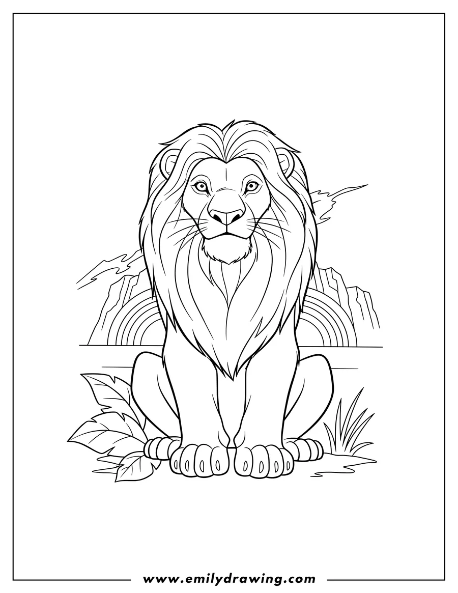High quality printable lion King Disney Cover Image, adult lion sitting, majestic mane for coloring