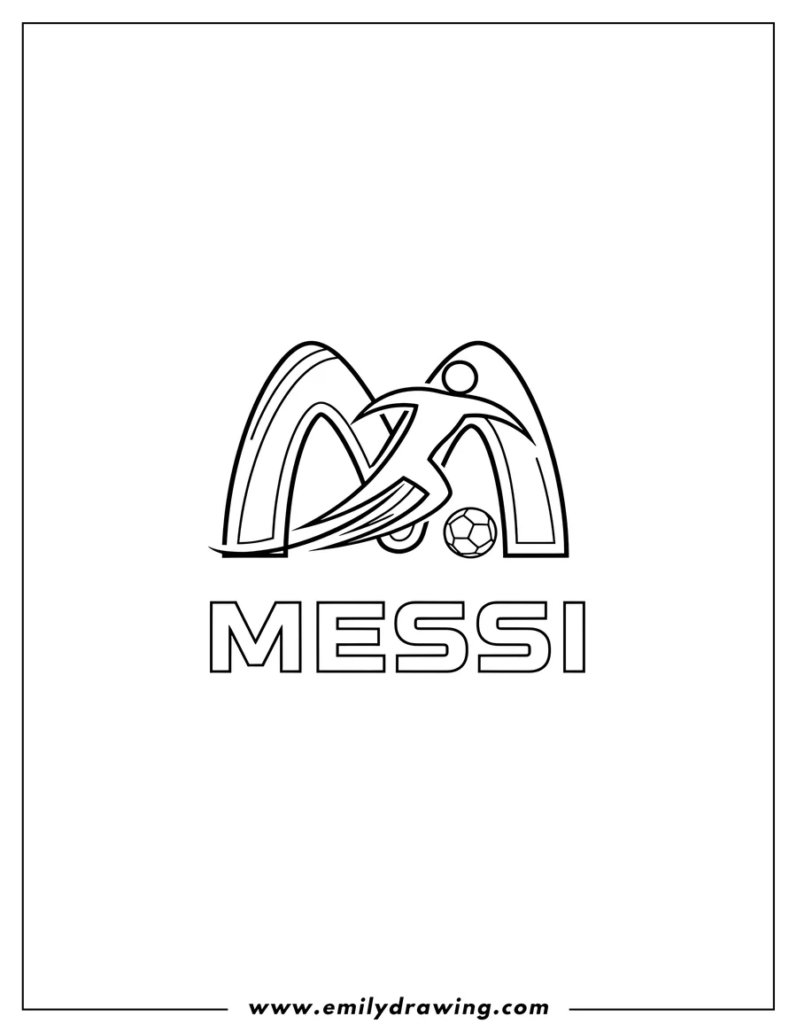 PDF style coloring page: lionel Messi Logo, featuring the abstract 'M' symbol and his name 'MESSI'