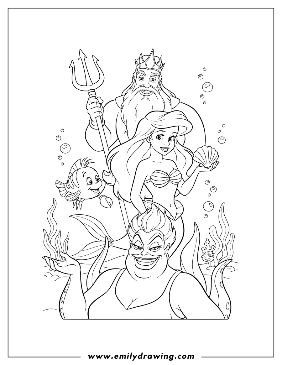 Printable line art of little Mermaid Poster with Ariel, Flounder, Sebastian, King Triton, and Ursula