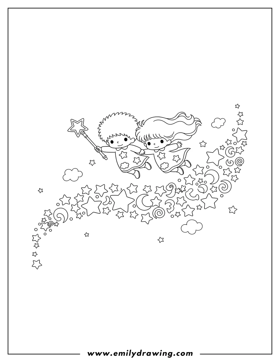 Simple sketch of little Twin Stars flying and creating a starry rainbow path with a magic wand to color