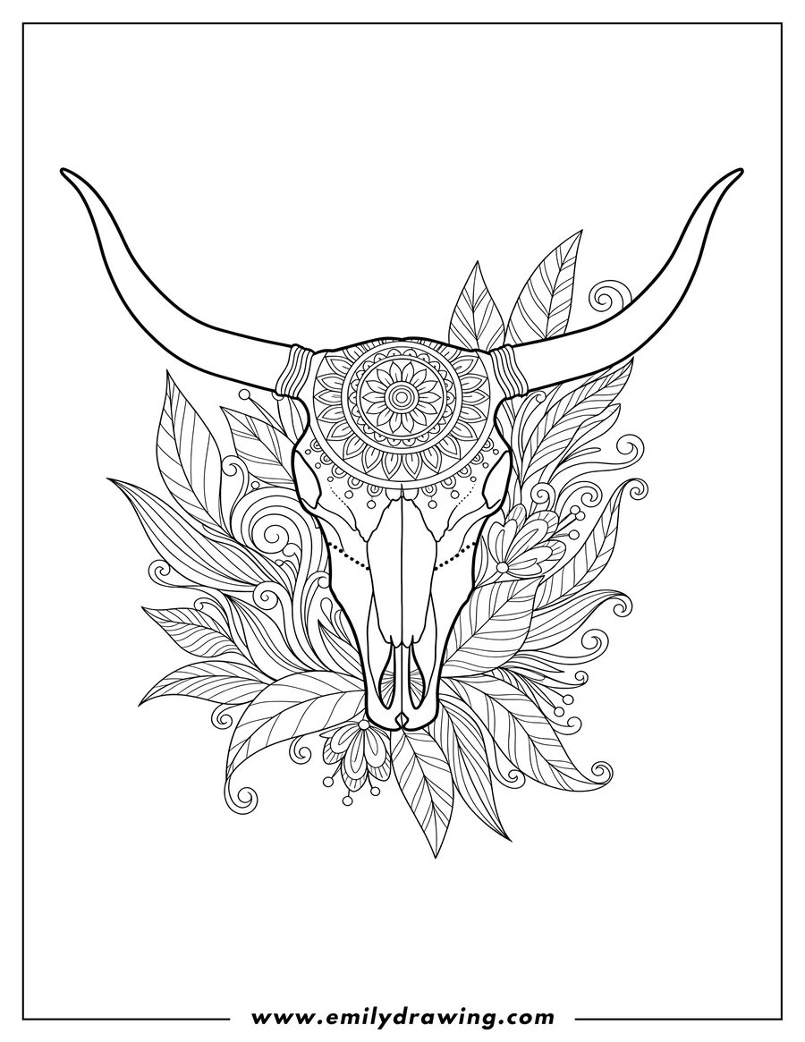 PDF style coloring page: longhorn Cow Skull Boho with leaves and a mandala pattern
