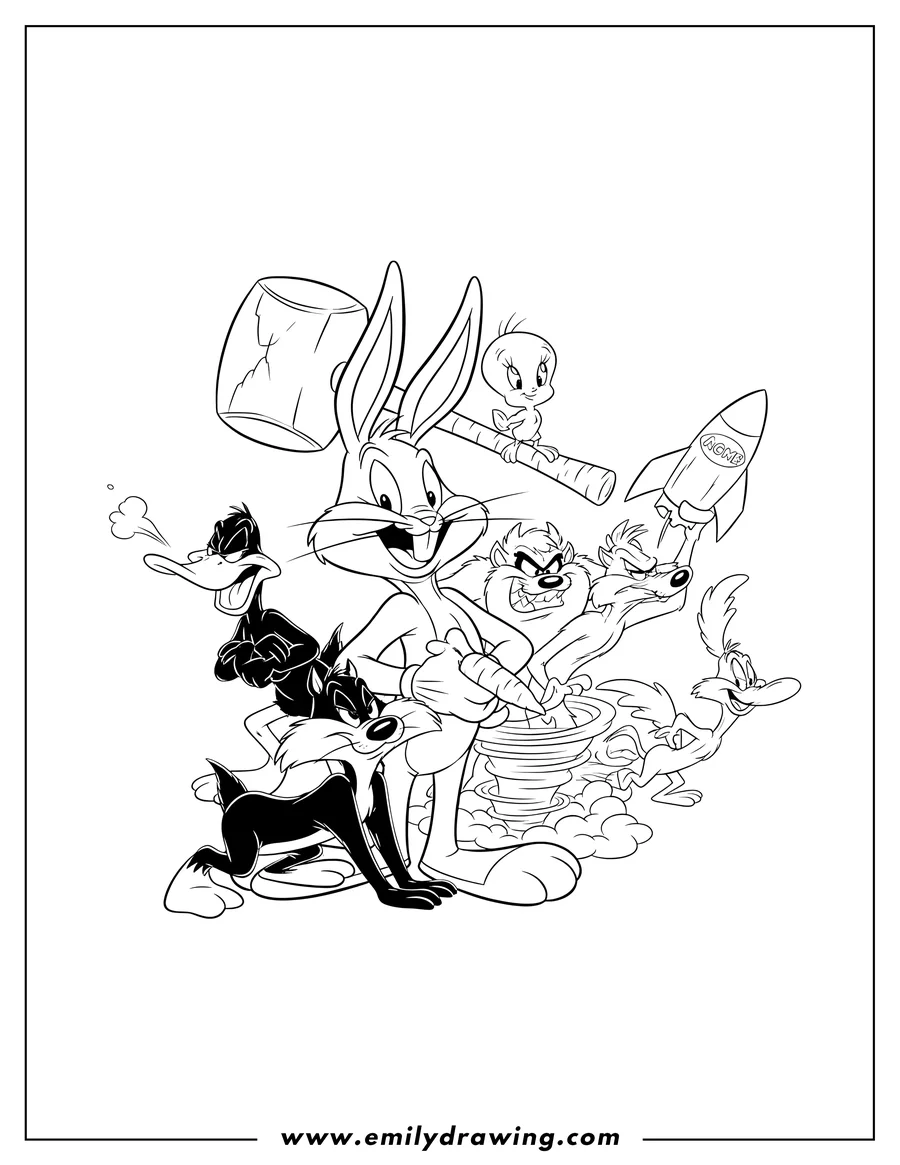 Coloring page for kids: looney Tunes Poster Art To Color Scaled featuring Bugs Bunny, Daffy Duck, Tweety, and other characters in a close-up group pose