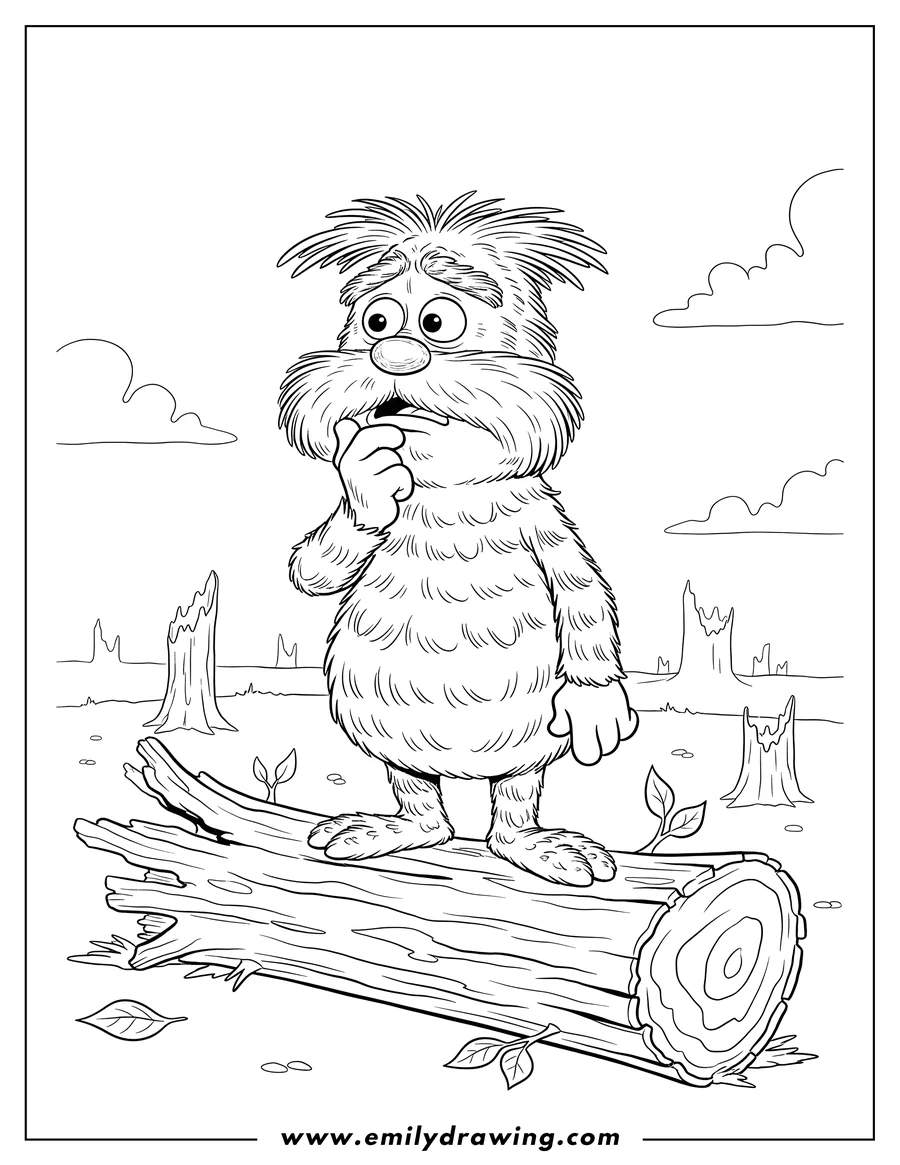 Downloadable coloring page of lorax Standing On Log, hand to chin, looking worried